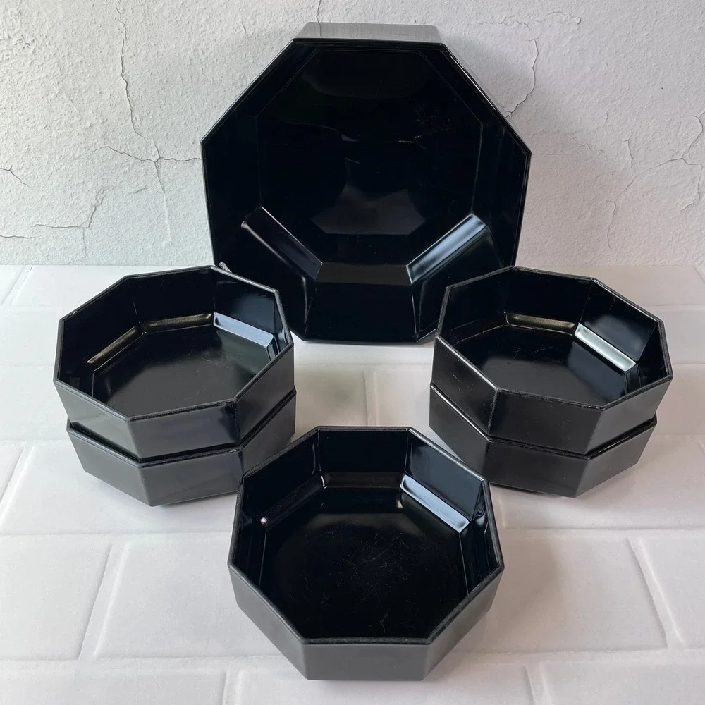 Vintage Arcoroc France Octime Black Glass Octagon Serving Bowl Set 6 Piece
